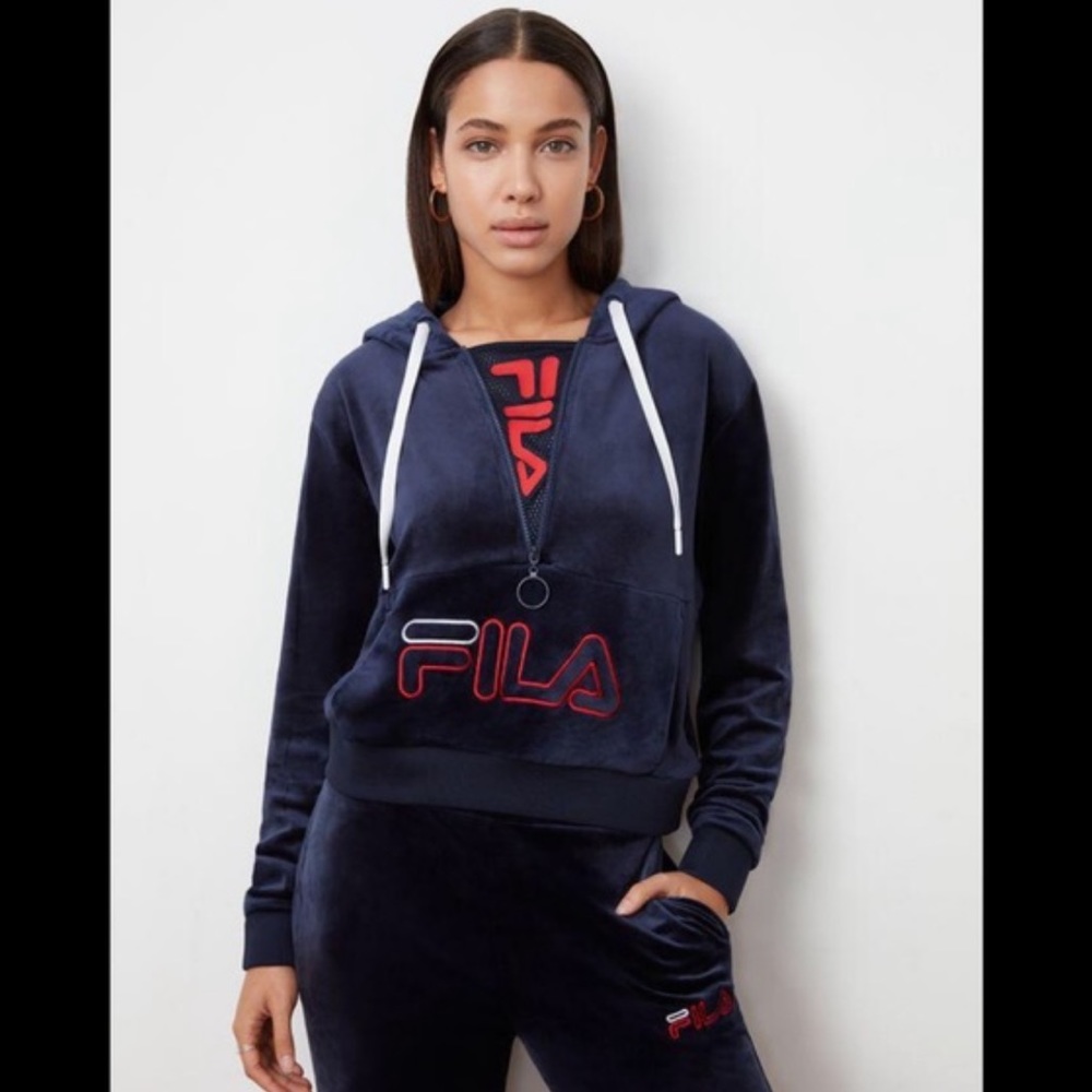 FILA Navy Blue Rosella Velvet Velour Half Zip Hoodie